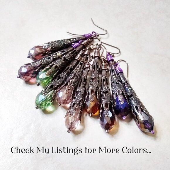Extra Long & Lightweight! Sexy Copper Filigree & Mauve/Violet Dangle Earrings! - Picture 7 of 7